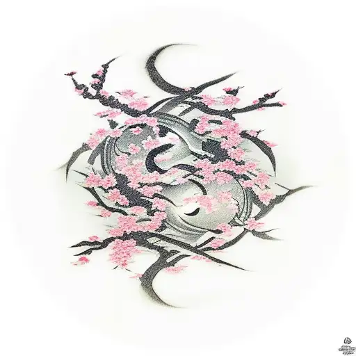 A Ying And Yang Symbol With Cherry Blossom Petals Floating Around It