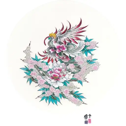 Phoenix With Peony And Cherry Blossom Tree