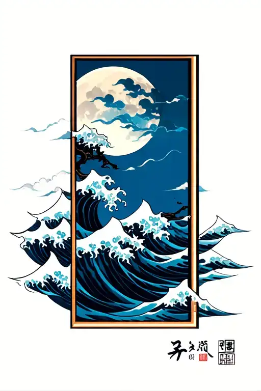 Japanese Style Tattoo Of Waves And Moon In Rectangulart Shape Ang Blue Cool Color