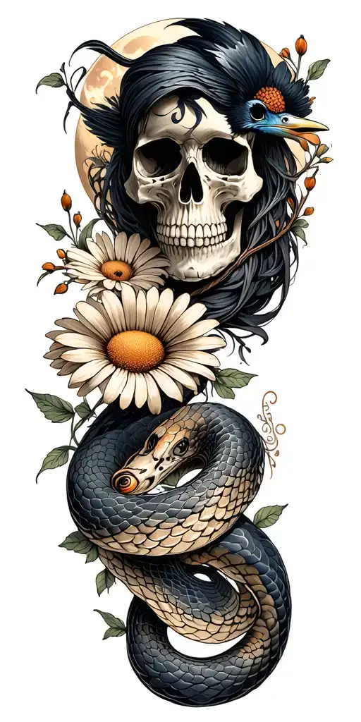 Snake Daisy And Skull And Moon And Raven