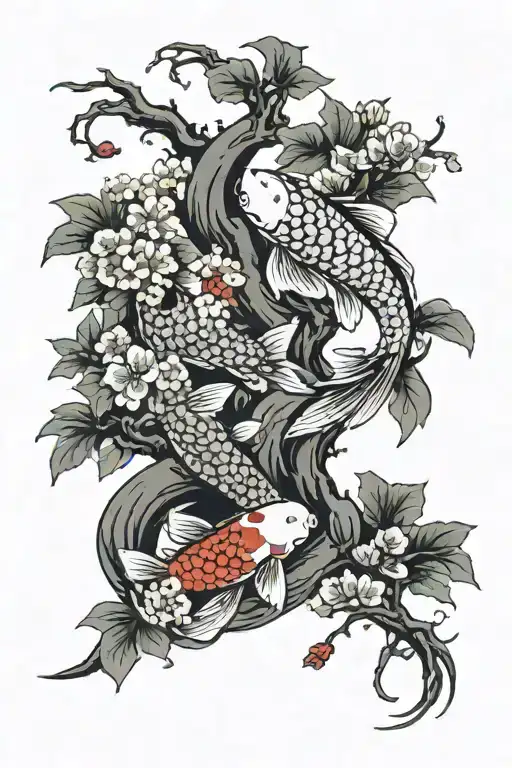 Japanesse Cheery Blossom Tree With Leafs Falling And Koi Fish Swimming At Bottom Yin And Yang
