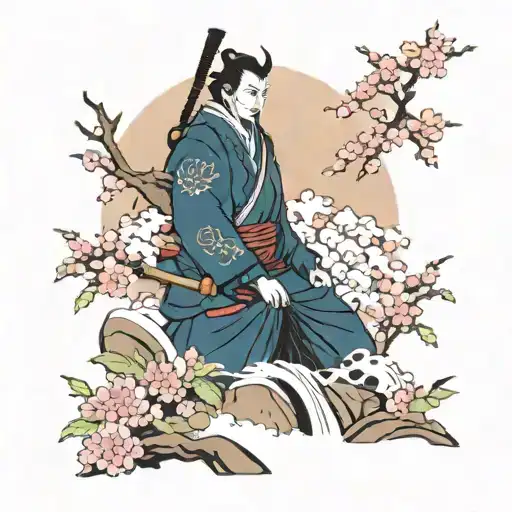 Samurai With Oni Mask No Horns With Cherry Blossom Tree And Waterfall No Color