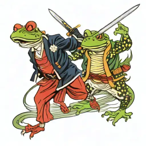 Two Frog Samurai In A Sword Fight Battle Scene