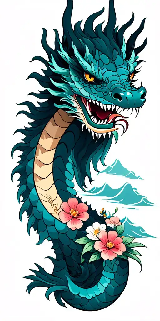 Dragon With Flowers And Waves On The Background