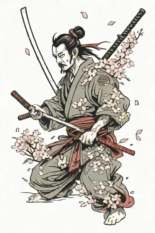 Samurai With Cherry Blossom Petals Falling