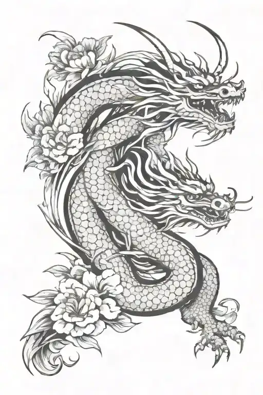 Samurai Dragon In Flowers Blooming