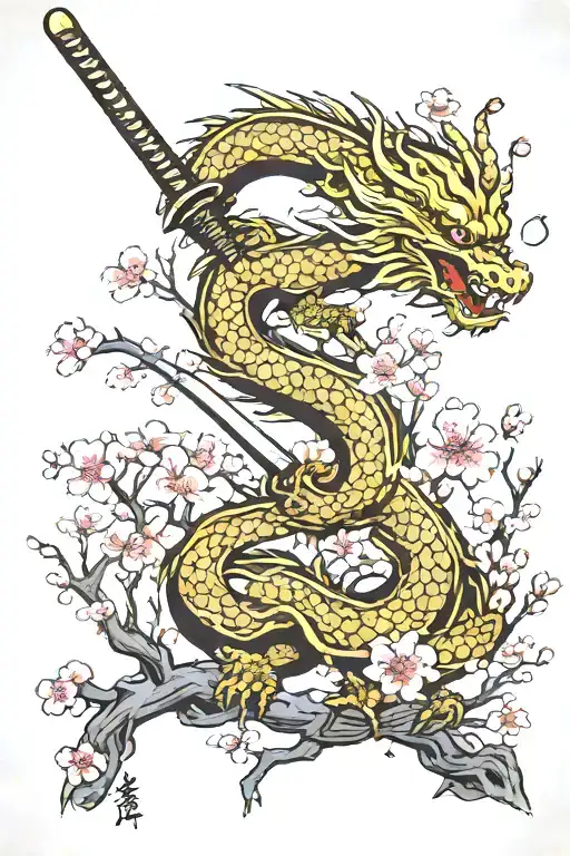 Full Cherry Blossom Tree With A Dragon And Katana Sword