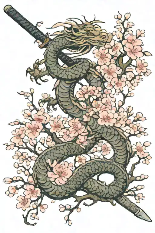 Full Cherry Blossom Tree With A Dragon And Katana Sword