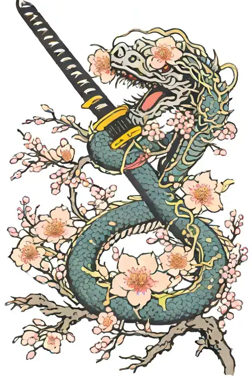 Full Cherry Blossom Tree With A Dragon And Katana Sword