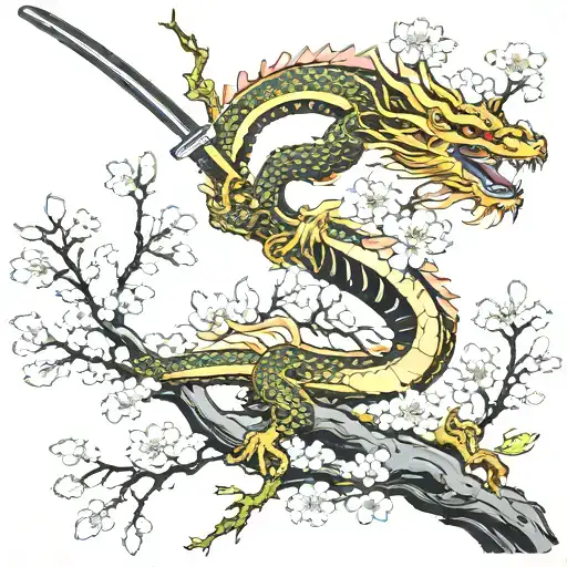 Full Cherry Blossom Tree With A Dragon And Katana Sword