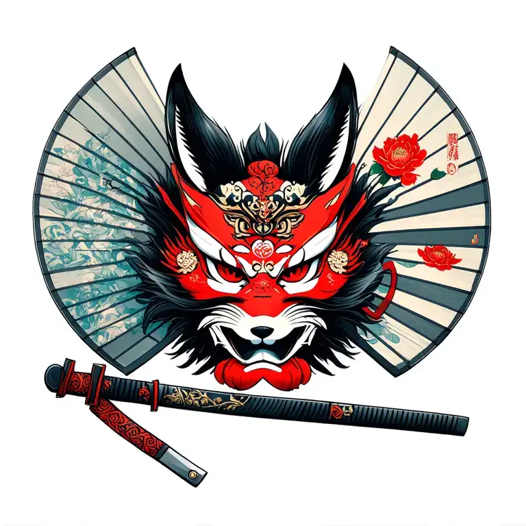 Katana With Fan And Mask Of Kitsune And Oni