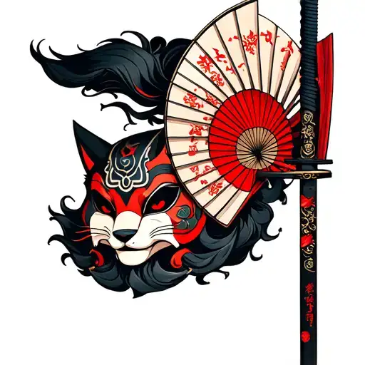 Katana With Fan And Mask Of Kitsune And Oni