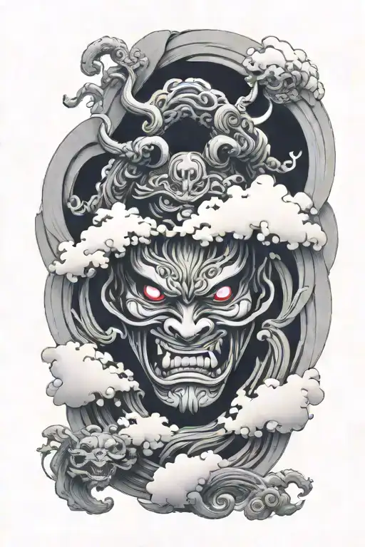 Oni Mask Surrounded By Swirling Mist Inside An Hourglass