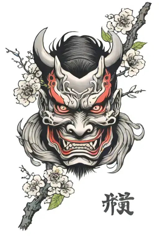Oni Mask Surrounded By Cherry Blossom Tree