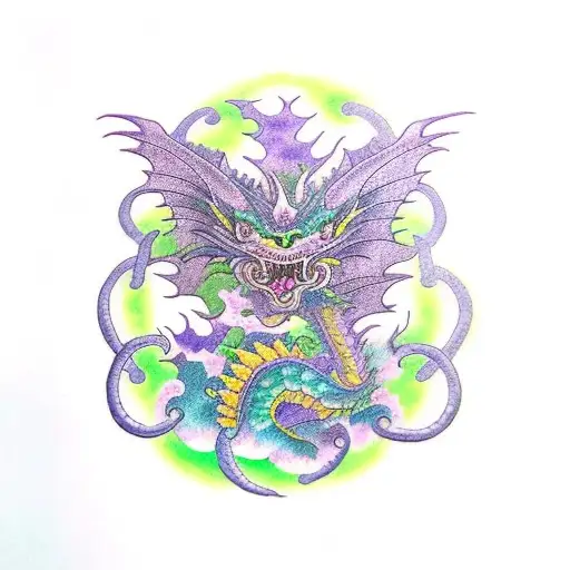 A Green And Purple Dragon Flying By Earth And Water