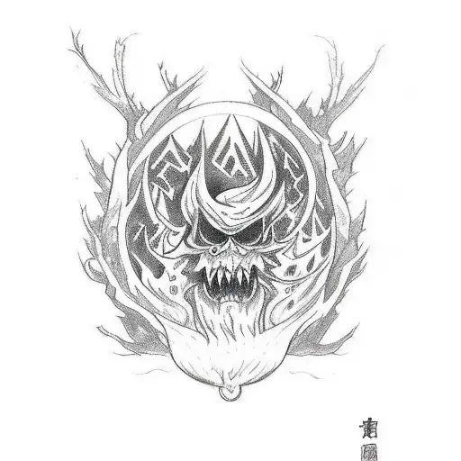 A Sketch-style Tattoo Of A Wanderer Exploring A Demonic Forest
