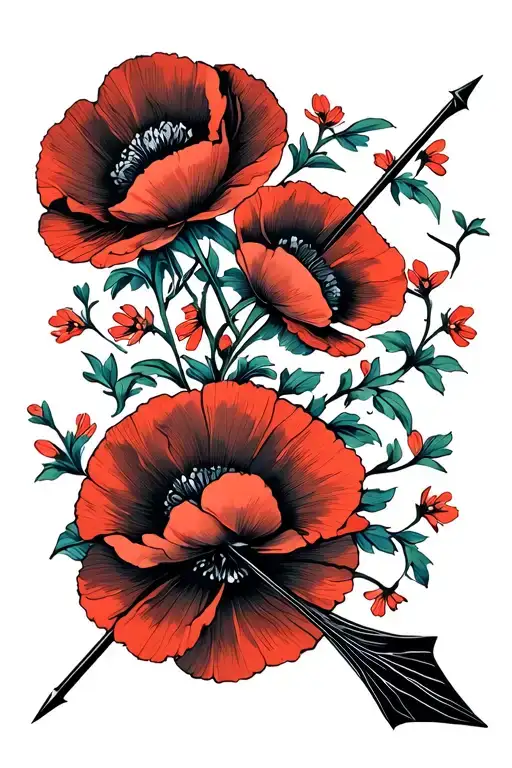 Arrow With Small Poppy Flowers Flowing Around The Shaft