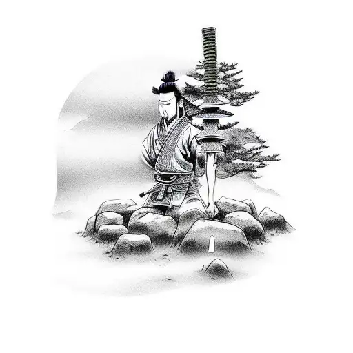 Samurai On His Knees In Front Of A Grave With A Tree On The Background Near A Temple