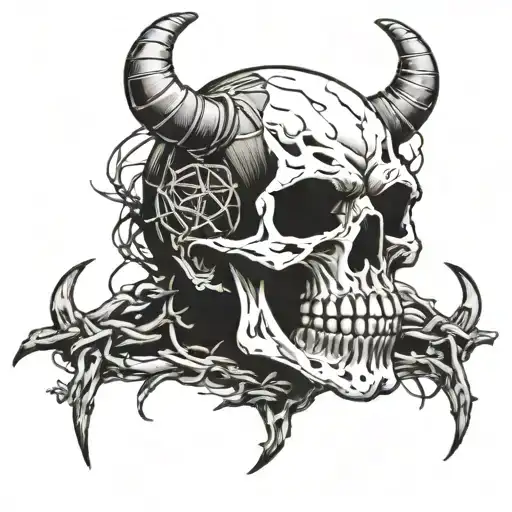 Demon Skull Against The Background Of Barbed Wire