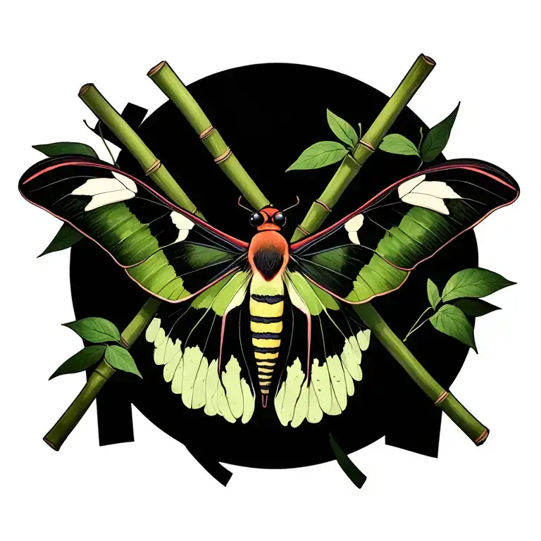 Luna Moth With Bamboo Sticks Crossing Diagonally Behind It