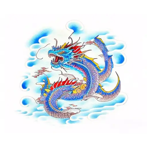 Blue Dragon With Ocean Waves And Colorful Flowers