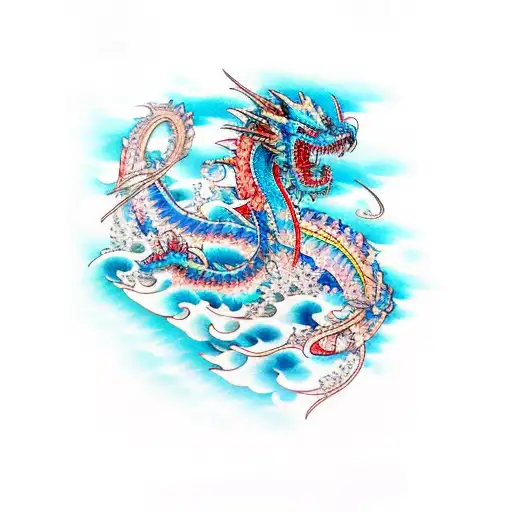 Blue Dragon Sleeve With Ocean Waves And Colorful Flowers