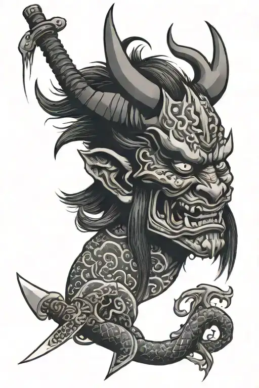 Oni Mask With Dragon And Sword Piercing