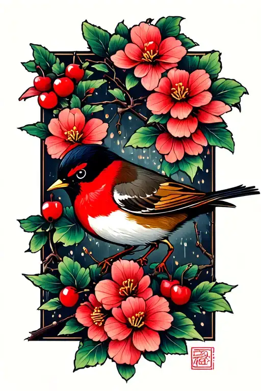 Red Robin And Cherry Blossoms Pedals Falling