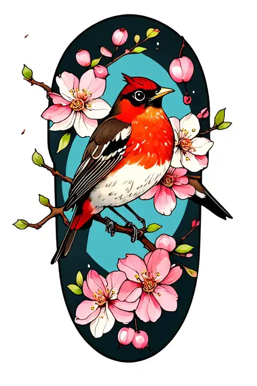 Red Robin And Cherry Blossoms Pedals Falling