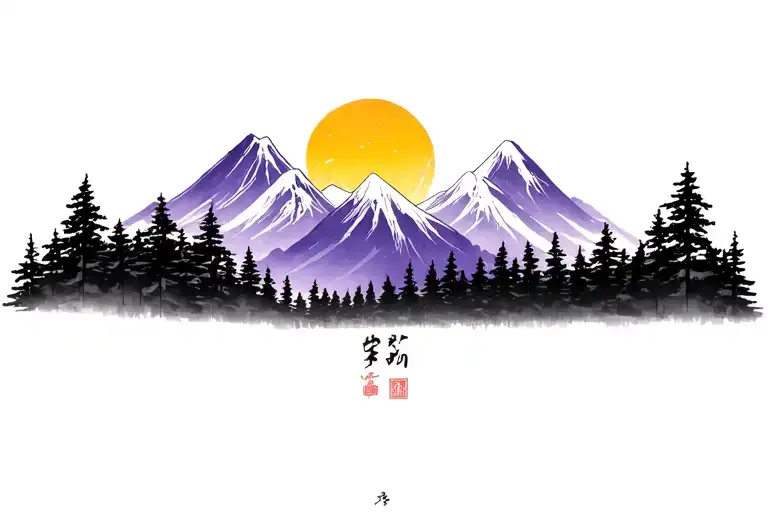 Forest And Black And White Mountains Purple And Yellow Suns