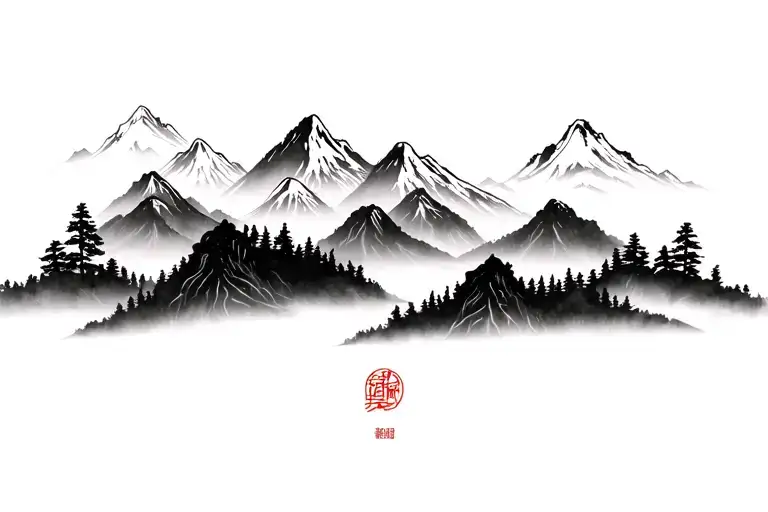 Forest And Black And White Mountains