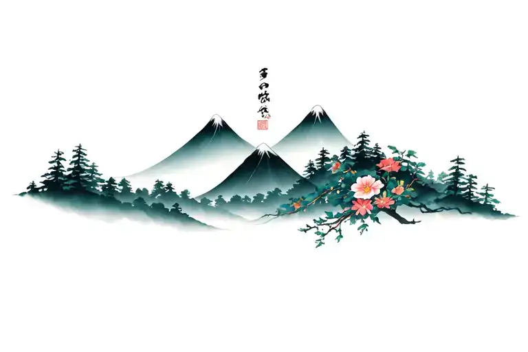 Forest And Mountains With Accent Flowers Intertwined