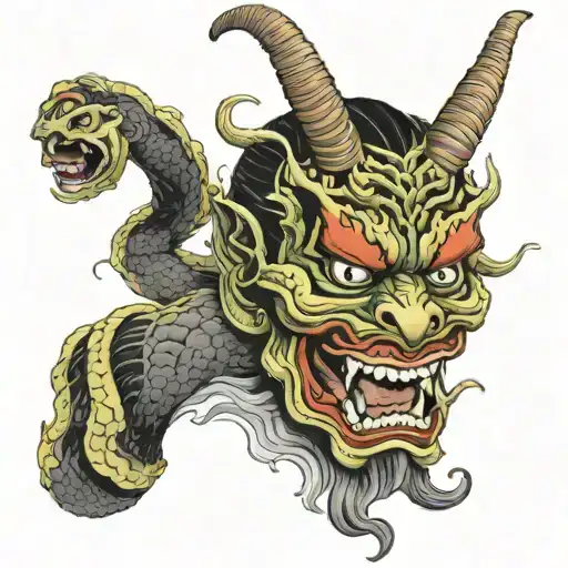 Hannya Breathing Smoke With A Snake Coiled