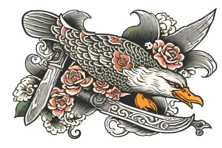 Tattoo Design Combining Butcher's Knife And Moon And Venus And A Duck