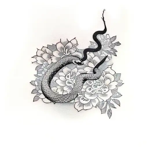 Tattoo On The Forearm Of A Snake Around Which Flowers Branches Of Trees And She Crawls Between Them