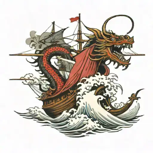Dragon Ship Sailing Towards The Sea