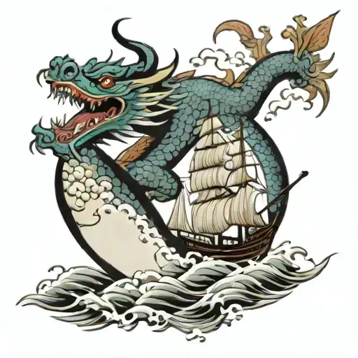 Dragon Ship Sailing Towards The Sea