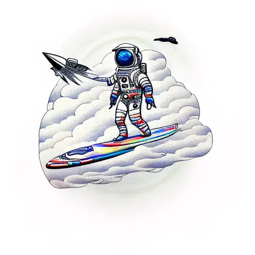 Space Man On Surfboard With Flare In The Clouds