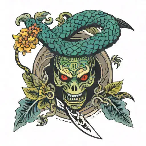 Knife Wrapped In Snake And Flower Surrounded