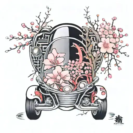 A Sleek And Futuristic Car With Traditional Japanese Cherry Blossom Patterns