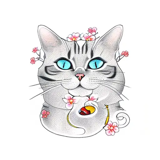 A Cat Surrounded By Cherry Blossom