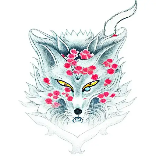 Kitsune Mask With Cherry Blossoms And A Sword Behind It