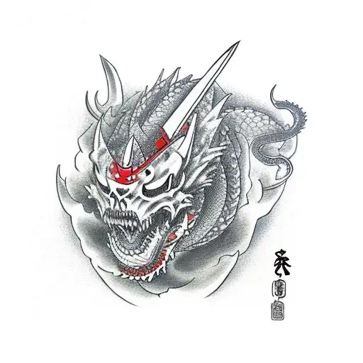 Dragon With Samurai Skull And Katana In Red Colors