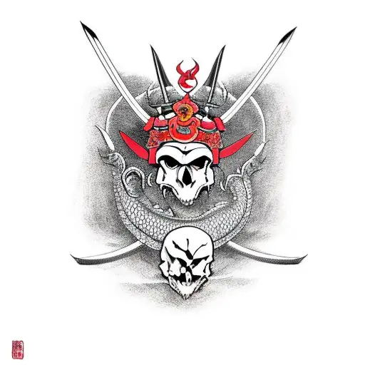 Dragon With Samurai Skull And Katana In Red Colors