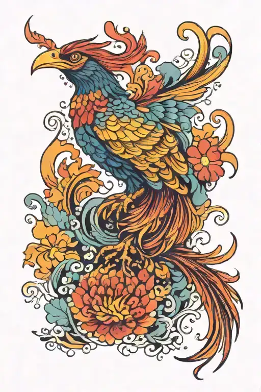 Vibrant Colorful Phoenix Bird Rising Sun