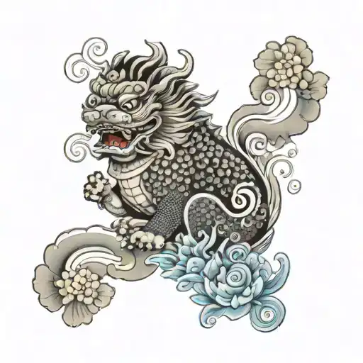 Foo Dog With Lotus Flowers And Smoke Rising