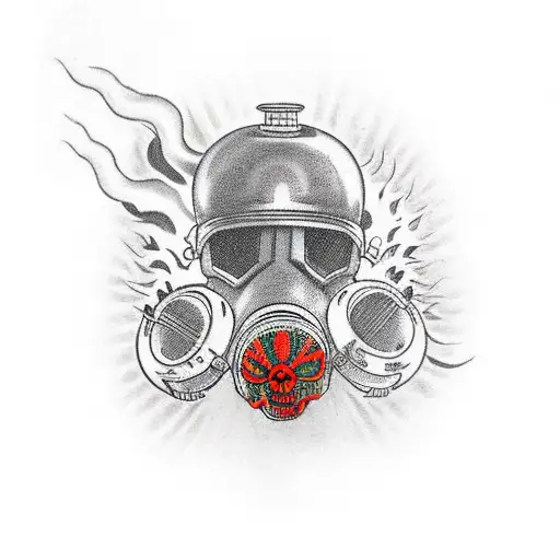 A Skull Wearing A Military Gas Mask With Flames Erupting From Its Eyes