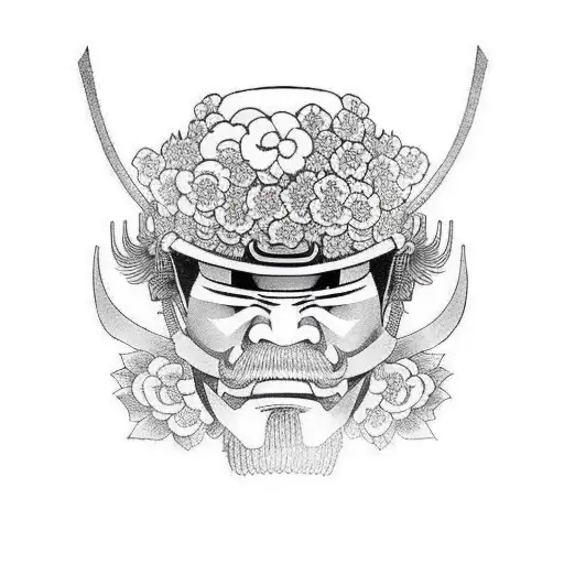 Samurai Wearing A Mask Surrounded By Flowers