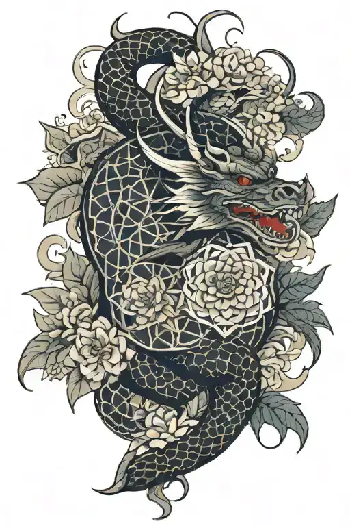 Flower Of Life Print As The Background Dragon Wrapping Around Arm Mouth Down By Wrist