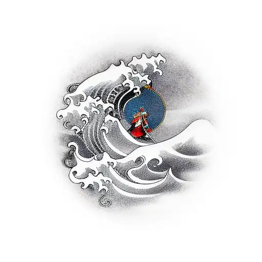 Japanese Samurai With Wave And Clouds In The Back Ground